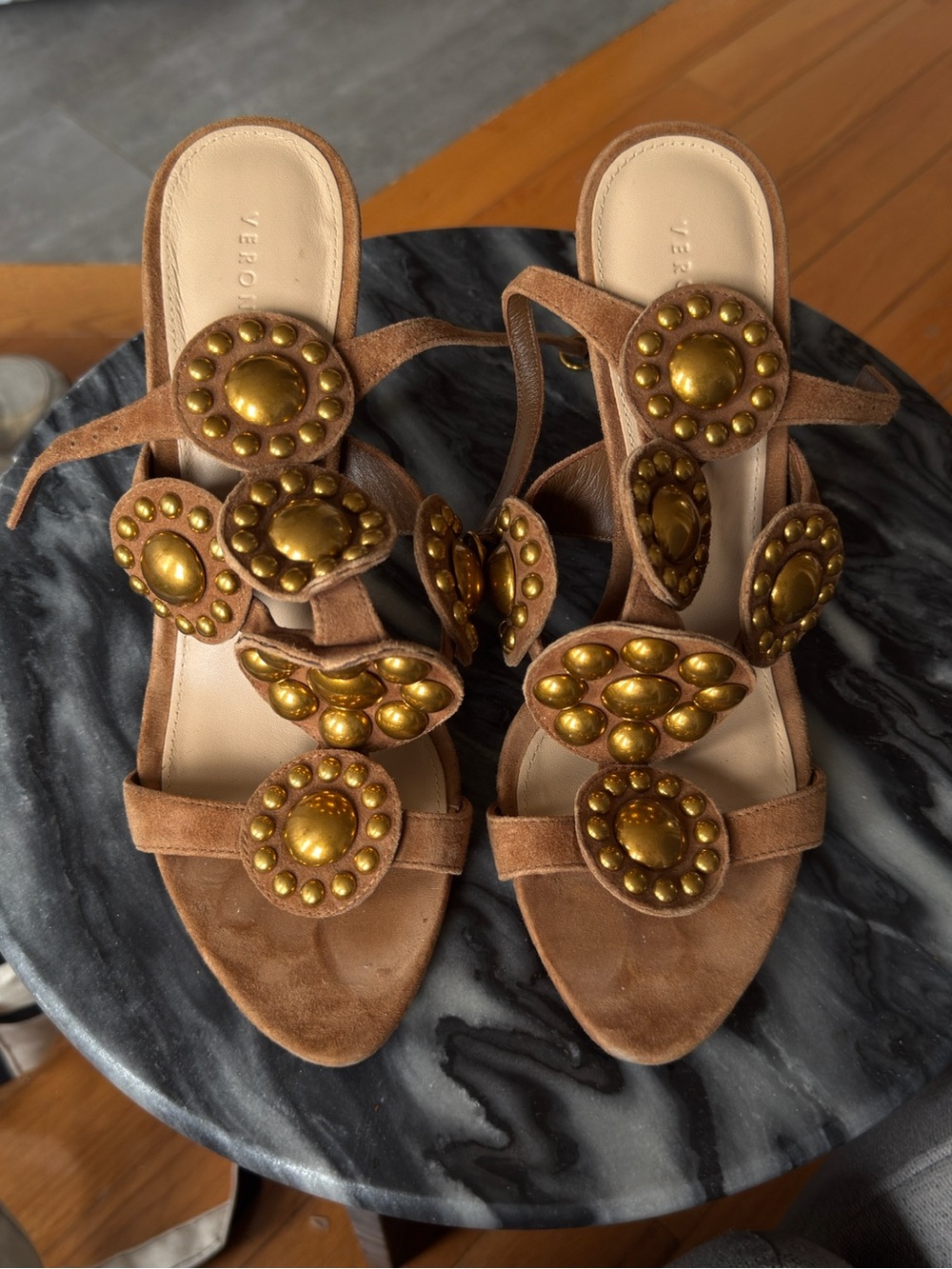 Veronica Beard Tan Suede Heeled Sandals with Gold Stud Accents